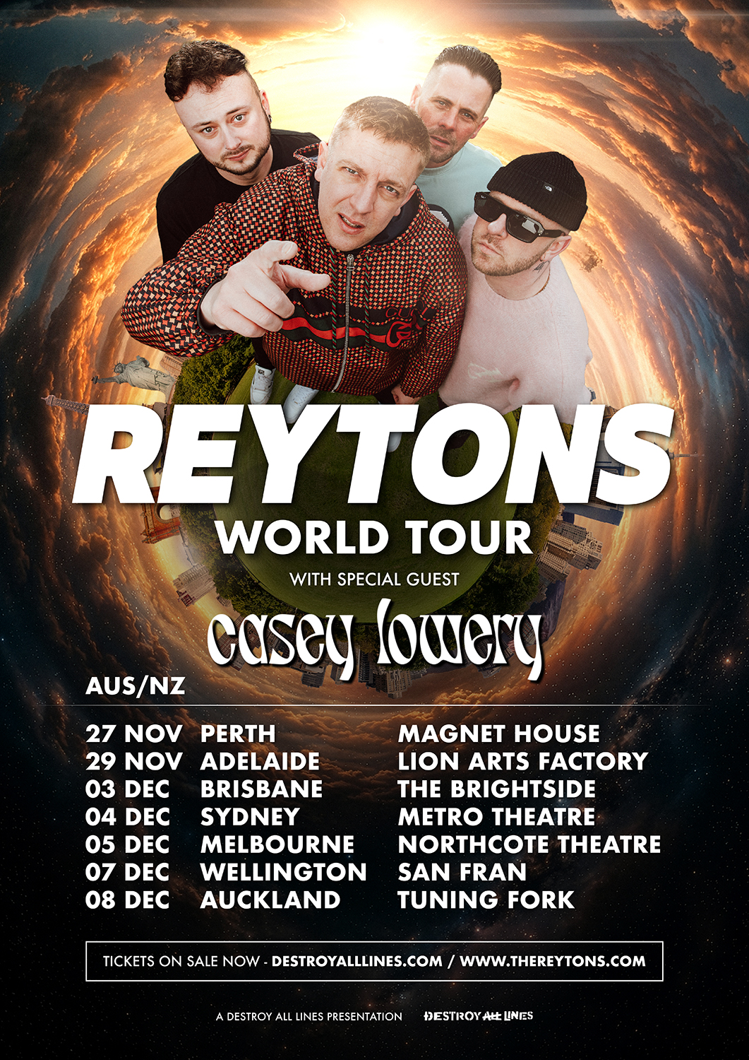 Tour poster for The Reytons World Tour with Casey Lowery, listing Australia and New Zealand dates for Perth, Adelaide, Sydney, Melbourne, Auckland.
